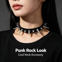 1pc Fashion Unisex Cool Punk Gothic Metal Rivet Chain Leather Choker Necklace - Black - View 6