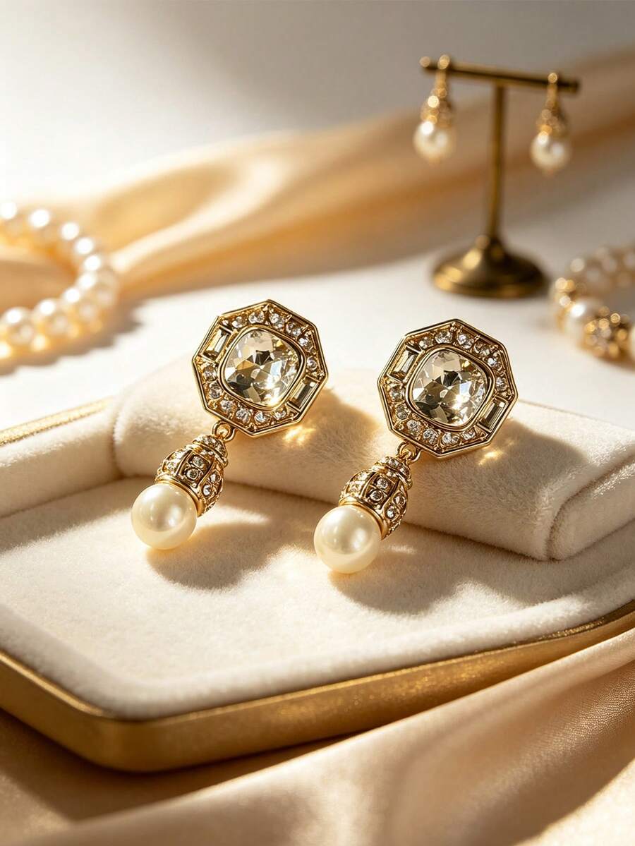 1 Pair Vintage Octagonal Tassel Stud Earrings - Octagonal Teardrop Stud Earrings - View 1