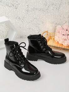Glossy Black PU Thick Heel Ankle Boots & Round Toe Boots - Lace-Up Closure Design, Round Toe, Rubber Sole - Shiny Dress Boots Suitable For Various Occasions, Applicable For Casual Outfits - Black - View 6