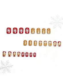 24pcs Short European-Style Square Fake Nails, Christmas Snowflakes, Gingerbread Men, Candy House Stripes. Full Coverage, Removable Nail Set, Suitable For Parties, Dances, And Everyday Wear. - Multicolor - View 2
