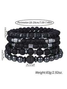 RINTOLER 5pcs/Set Retro & Unique Design Matte Lava Stone Beaded Bracelet With Spacer Beads, Rhinestone Balls And Elastic Cord - Black - View 2