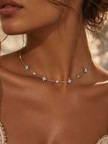 outingfit 1pc Women's Starry Rhinestone Necklace, Delicate Sparkling Collarbone Chain, Suitable For Dates, Weddings, Parties And Daily Wear - Silver - View 1