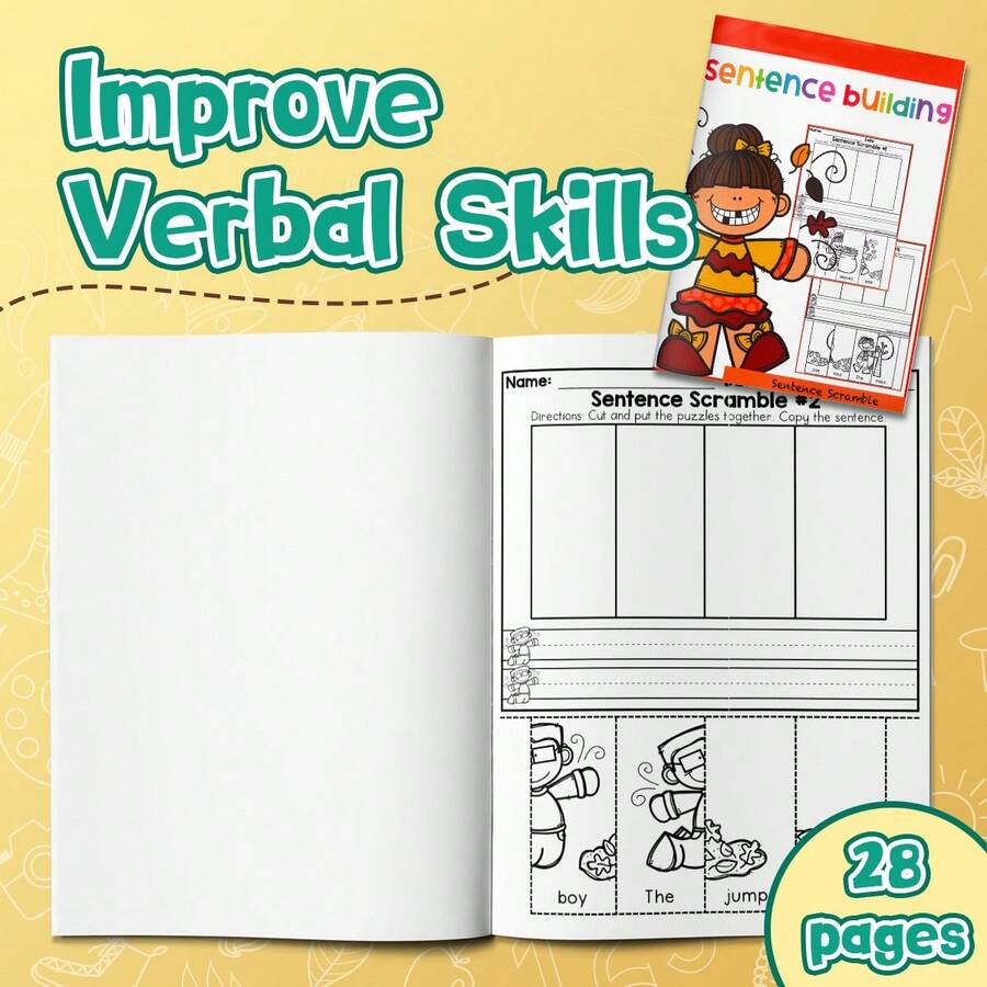 English Sentence Building Notebooks, Sentence Scramble, Picture-To-Sentence Matching, Cut & Paste Word Activities, Writing Practice, Vocabulary, Grammar & Verbal Skills Learning Worksheets, English Edition - English Sentence Building - View 1