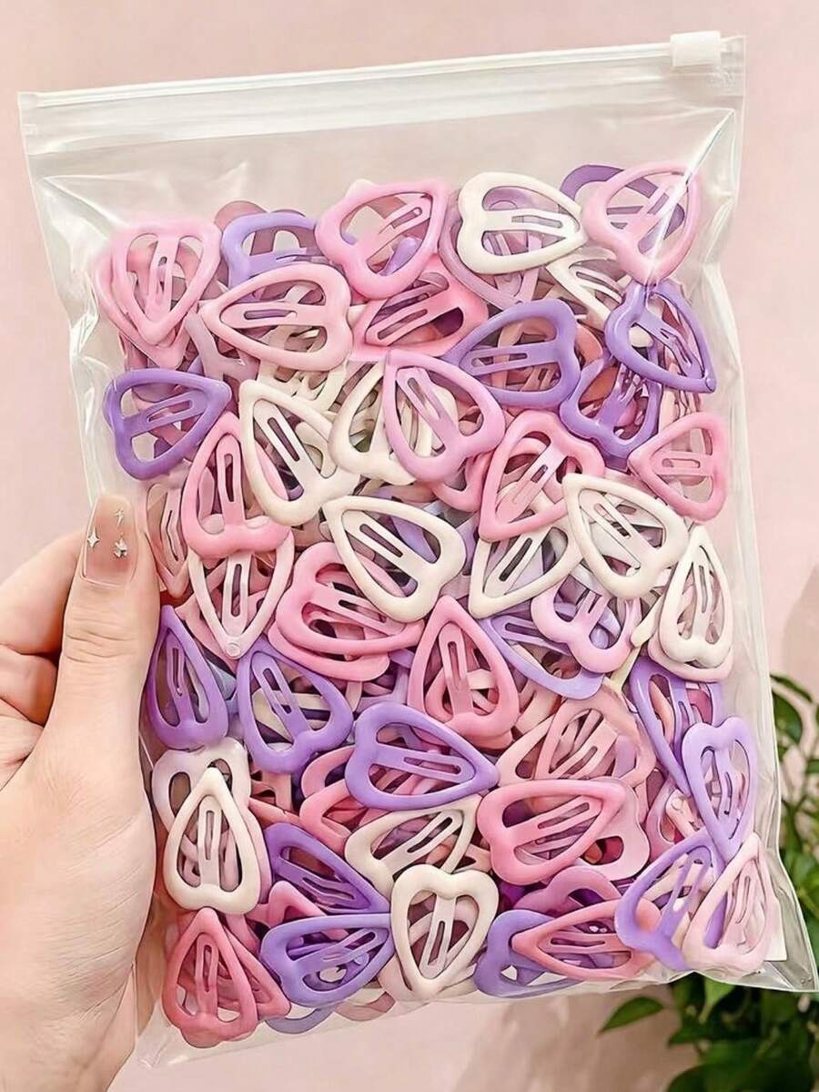 10/30/60pcs/Set Sweet Pink & Purple Heart Hair Clips, Cute Hair Accessories - Suitable For Women's Daily Use, Random Colors - Multicolor - View 1