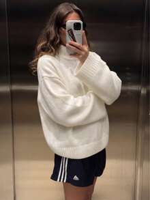 Women's High Neck Drop Shoulder Knit Sweater, Loose Fit Solid Color Basic Casual Pullover Top, Suitable For Weekend Gatherings And Daily Occasions - White - View 4