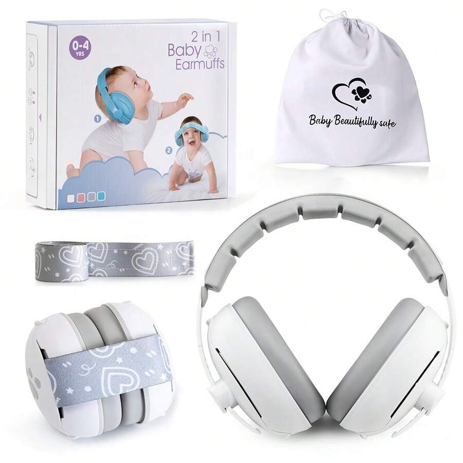 1pc New Adjustable Headband Travel Noise Cancelling Ear Muffs For Infants 0-36 Months, Baby Ear Hearing Protection, Suitable For Flights, Fireworks, Concerts - 2-in-1 Set - White - View 1