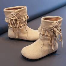 Girls' Loose Ruffle Mid-Calf Boots, Sweet Lace-Up Winter Boots, Soft Matte Fabric Upper, Non-Slip Sole, Toddler Children Shoes - Beige - View 5