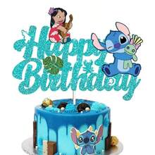 Stitch Happy Birthday Cake Topper, Glitter Cartoon Character Cake Decor With Tropical Leaf And Flower Elements For Birthday Party Cake Decorations - View 5