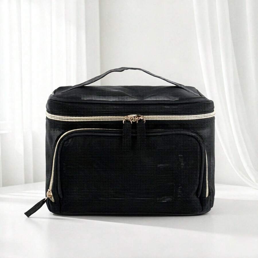 1pc Black Mesh Handheld Makeup Bag, Large Capacity Double Layer Partition Storage Bag, Breathable Mesh Design, Can Store Makeup, Skincare, Toiletries, Portable Handheld Style, Essential For Travel And Home Storage