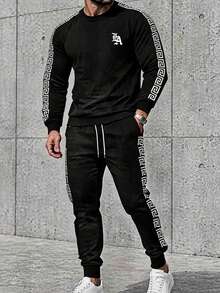 Men's Autumn Outdoor Sports Pullover Sweatshirt & Jogger Pants Set, Fashionable Minimalist Casual Daily Commute Outfit - Black - View 3