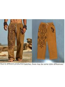 Men's Vintage Print Casual Pants, Totem Pattern, Drawstring Waist Design, Loose Wide Leg Fit - Multicolor - View 7