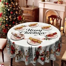 1pc Christmas Tablecloth - Snowflake Pattern Santa Claus Reindeer Snowman Cabin Print American Vintage Design Dining Tablecloth - Durable Polyester Fabric - Suitable For Rectangular, Round, Dining Tables - Party, Home, Restaurant Winter Decor - Easy To Clean Holiday Decoration - Multicolor - View 13