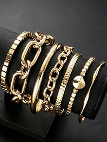 7pcs Vintage Fashion Punk Style Hammered Geometric Chain Gold Bracelet Set, Suitable For Women's Daily Casual, Party, Beach, Vacation, Wedding, Layering, Gift - Gold - View 2
