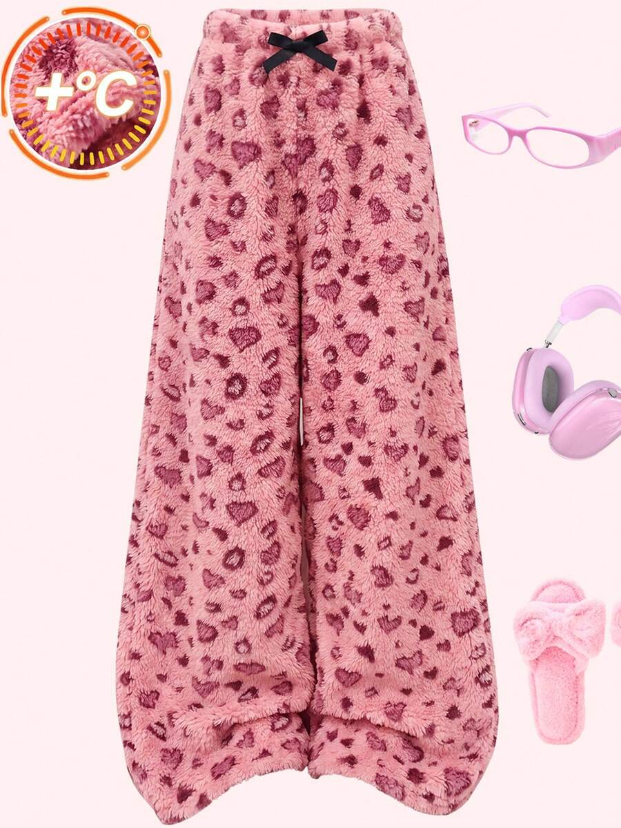 Girl's Double-Sided Arctic Wool Warm Velvet Heart-Shaped Leopard Print Sleep Pants,Bow Decoration Elastic Waist Wide Leg Pants Winter Home Sleep Pants - Pink - View 1