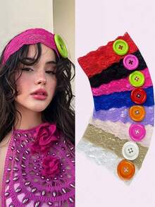 1pc New Women's Fashion Dopamine Color Large Button Lace Headband, "Ins" Style Hollow Lace Headscarf Hair Accessory - Multicolor - View 2