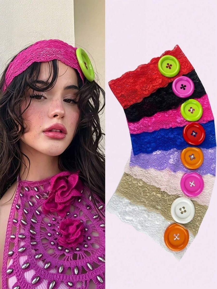 1pc New Women's Fashion Dopamine Color Large Button Lace Headband, "Ins" Style Hollow Lace Headscarf Hair Accessory
