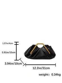 Light Luxury Ruched Clutch Bag With Geometric Metal Frame Handle, Natural Gathered Body With Smooth Fluid Silhouette, Compact Design For Carrying Personal Essentials, Suitable For Evening Parties And Dates, Creating An Elegant And Sophisticated Outfit Vibe - Black - View 2