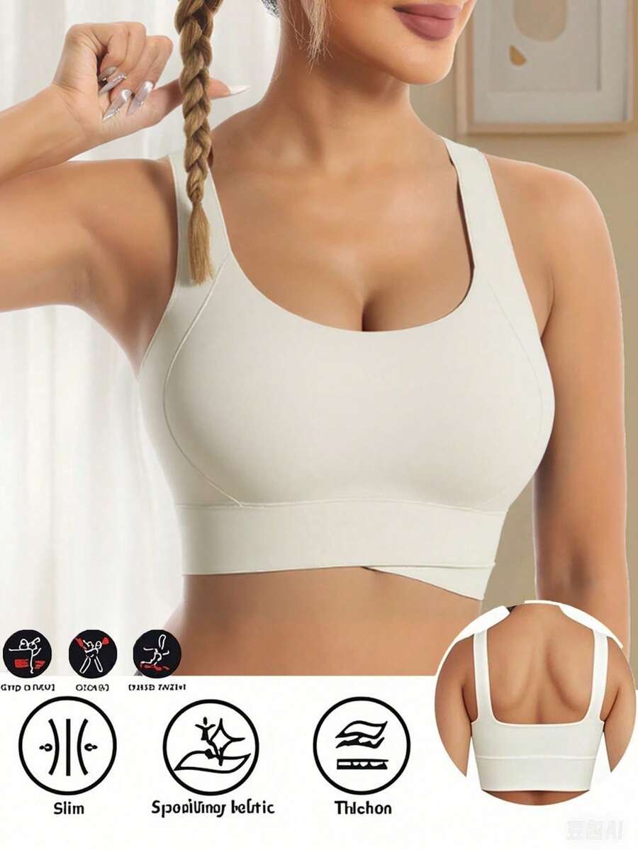 Tank Top Yoga Kasual dengan Leher Persegi, Model Crop Cami dan Detail Kerutan yang Memberikan Bentuk Punggung Indah, Atasan Olahraga/Gym - Putih - View 1