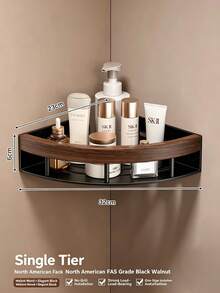 Walnut Wood Bathroom Corner Shelf, No-Drill Wall-Mounted Storage Rack For Shower, Washroom And Toilet - Multicolor - View 10