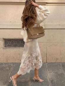 Women's Autumn Halloween Teacher Outfit Set, Lace Satin Mid-Length Skirt, Winter Holiday Essential - Champagne - View 1