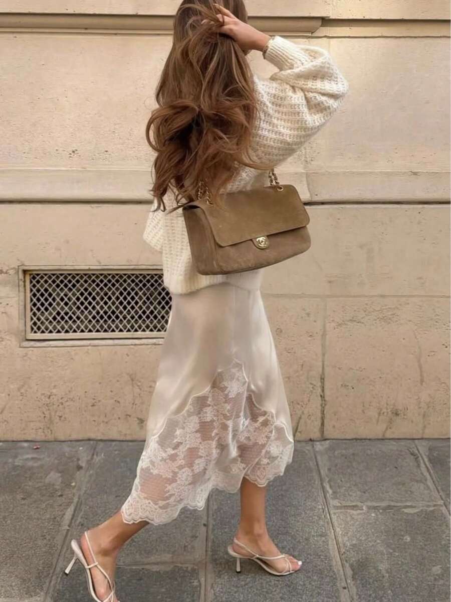 Women's Autumn Halloween Teacher Outfit Set, Lace Satin Mid-Length Skirt, Winter Holiday Essential - Champagne - View 1