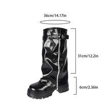 Women's Round Toe Thick Sole Metal Buckle Decor Slip-On Mid-Calf Boots, Fashionable Premium Autumn/Winter Glossy Textured Shaft Boots - Black - View 11