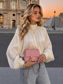 European Style Solid Color Half-High Neck Ruched Lantern Sleeve Blouse, Draped Loose Lightweight French Elegant Commuter Versatile Women's Shirt - Apricot - View 1