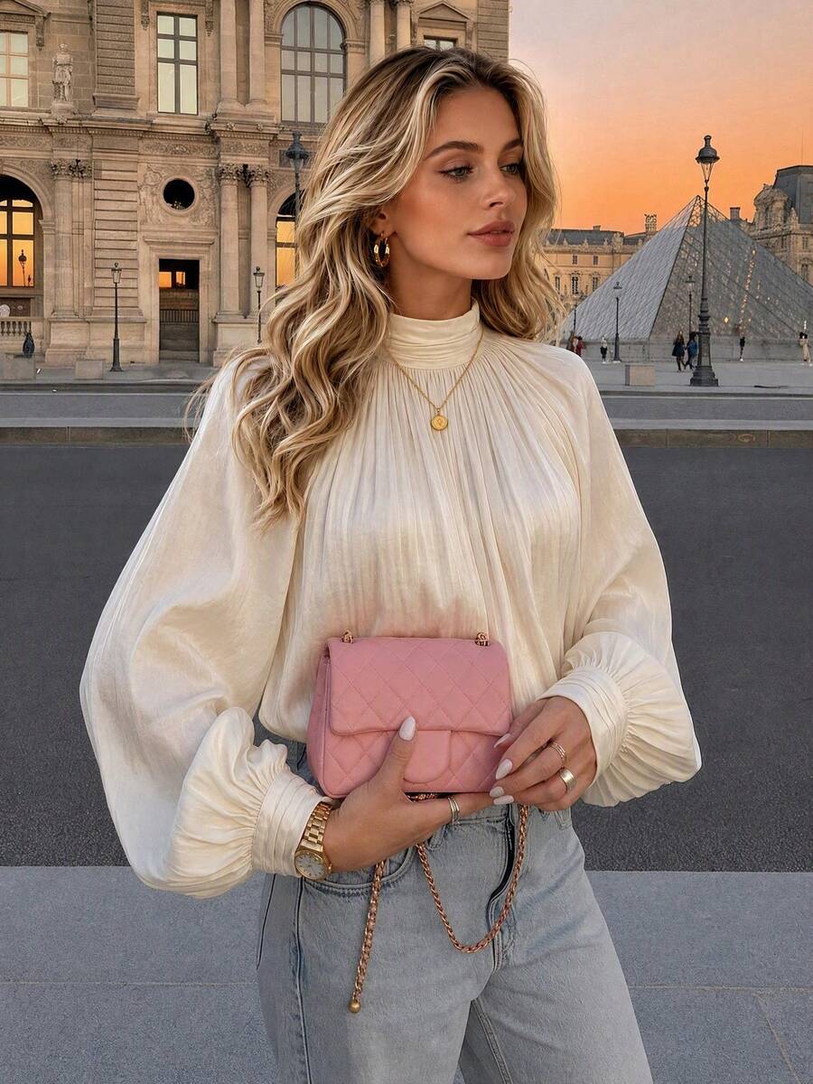 European Style Solid Color Half-High Neck Ruched Lantern Sleeve Blouse, Draped Loose Lightweight French Elegant Commuter Versatile Women's Shirt - Apricot - View 1