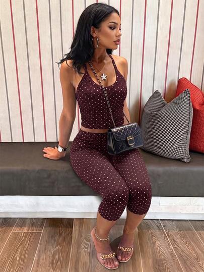 GLAMSKIN Women's Summer/Autumn Basic Polka Dot Spaghetti Strap 2-Piece Loungewear Set Top, Back To School Casual Streetwear Elegant