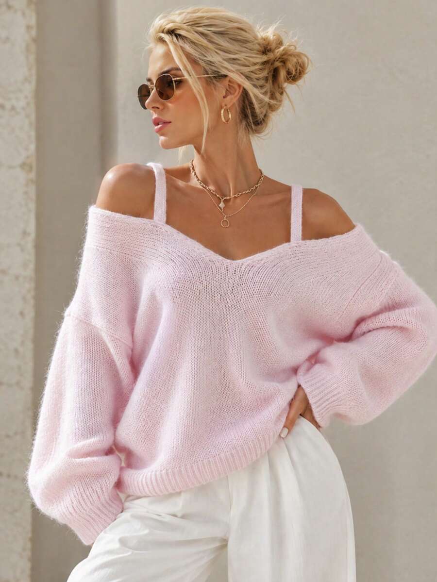 Sweater Wanita Lembut dan Berbulu dengan Desain Bahu Terbuka, Atasan Rajut Longgar dengan Tali Bahu Tipis, Pakaian Luar yang Melangsingkan untuk Musim Gugur/Dingin