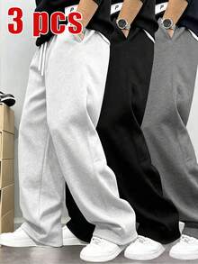 3pcs Men's Loose Fit Casual Curved Leg Sweatpants, Minimalist Solid Color Wide Leg Design, Drawstring Waist, Large Pockets, Suitable For Daily Wear, Walking, Working, Outdoor Activities. Perfect Father's Day Gift For Dad - Multicolor - View 10