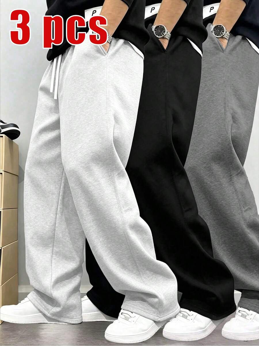 3pcs Men's Loose Fit Casual Curved Leg Sweatpants, Minimalist Solid Color Wide Leg Design, Drawstring Waist, Large Pockets, Suitable For Daily Wear, Walking, Work, Outdoor Activities. Perfect Father's Day Gift For Dad