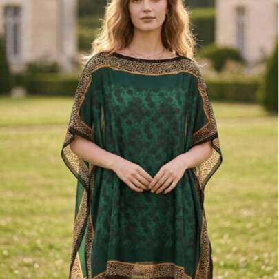 Robe lungă de plajă pentru femei din satin, stil boem, verde smarald, cu imprimeu leopard decorat, croială own-fit, mâneci largi tip aripioare, tip pullover, pentru peste costum de baie