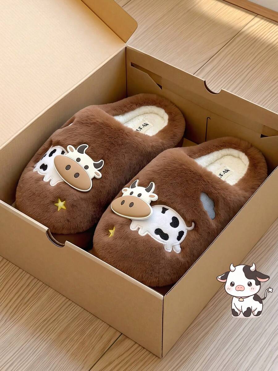 Winter Indoor Plush Slip-On Slippers For Women, Cartoon Cow Doll Decor, Fuzzy Bedroom Couple Slippers For Men And Women, Holiday Fun