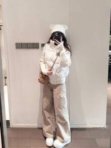 Sweet Polka Dot Knit Patchwork Long Sleeve Padded Coat - White - View 4