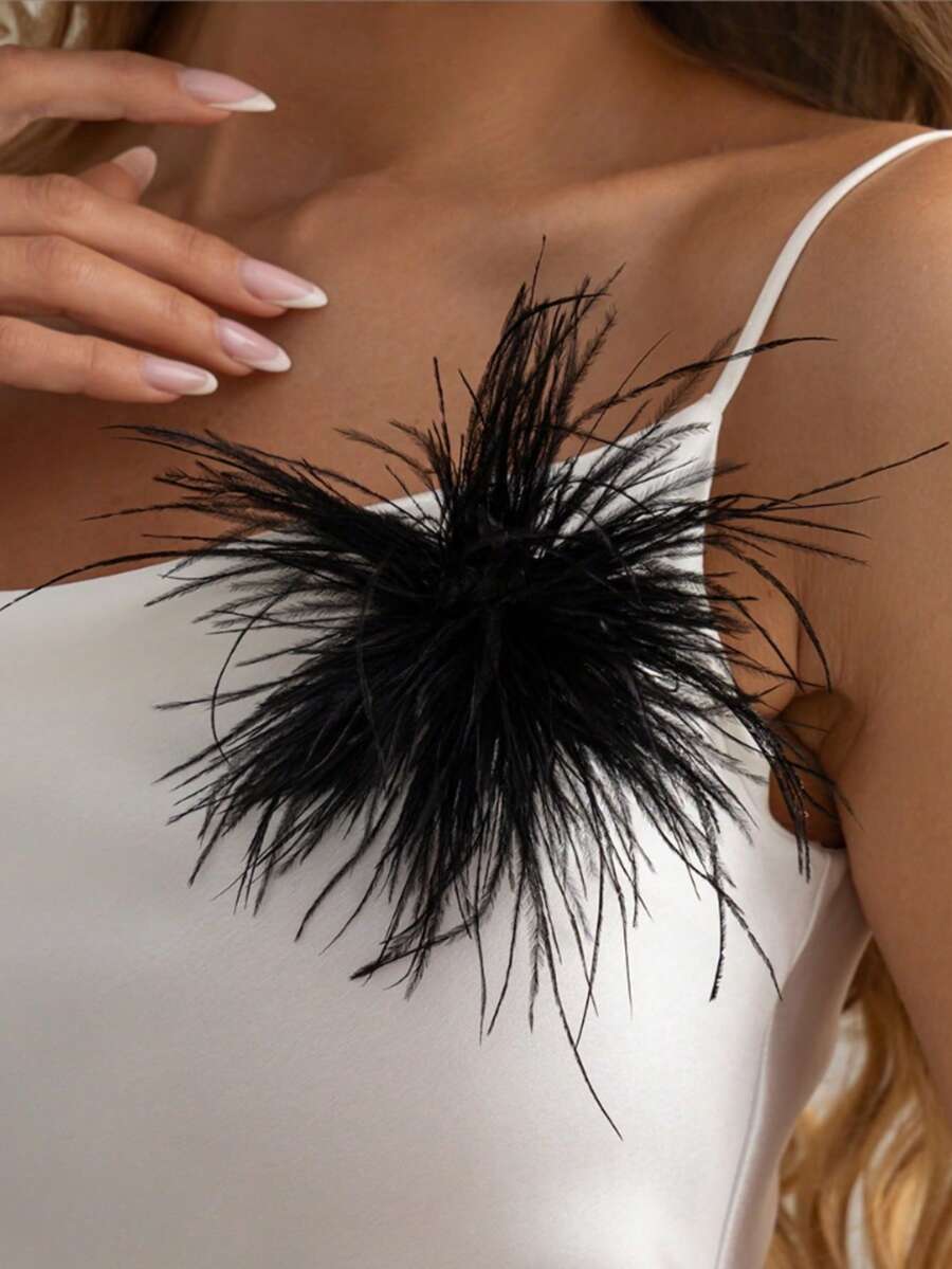 1pc High-Quality Vintage Classic Faux Ostrich Feather Brooch, Fashionable Multi-Functional Clothing Accessory Gift, European & American Retro Brooch For Dress, Party, Neutral Decorative Accessory - Black - View 1