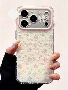 Fresh Cute Pink Floral White Background Bow Lens Painted Pattern Phone Case, Compatible With Iphone 18 17 Pro Max 16 15 Pro Max, Girly Heart Design, Spring Summer Shockproof Protective Shell - Pink - View 4