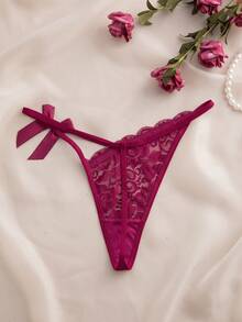 Cheekology Bow Accent Lace Thong - Side Detail With Luxurious Lace | Seductive & Romantic Women's Underwear - Burgundy - View 6
