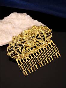 1Pc Vintage Gold Hollow Carved Hair Comb, Ornate Scroll Embossed Hair Insert Comb, Elegant Hair Accessory For Women Wedding Banquet - Gold - View 4