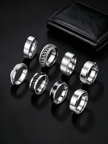 Stainless Steel Men's Rings, Spinner Chain Ring & Plain Band Ring, Men's Jewelry, Promise Rings For Wedding Engagement, Men Accessories Holiday Gifts - Multicolor - View 3