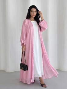 Elegant lång enfärgad morgonrock för kvinnor, modest pendlarklädsel - Rosa - Visa 3