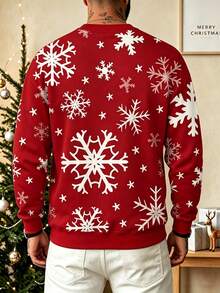 Men's Christmas Red Snowflake Print Crew Neck Sweatshirt, Loose Casual Holiday Pullover, Autumn/Winter - Multicolor - View 5