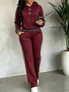 New Autumn/Winter Vintage Colorblock Drawstring Hooded Sweatshirt & Draped Flared Pants Casual Set - Burgundy - View 1