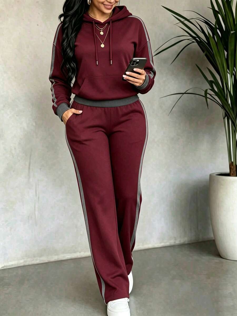 New Autumn/Winter Vintage Colorblock Drawstring Hooded Sweatshirt & Draped Flared Pants Casual Set - Burgundy - View 1