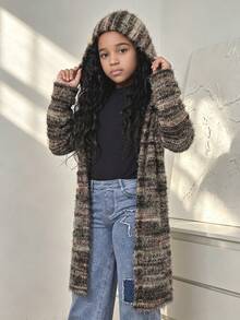 Tween Girls Clothes Vintage Fuzzy Long Sleeve Cardigan Multi Color Striped Elegant Comfortable Outerwear Mid Length Open Front Knit Coat For Autumn - Multicolor - View 3