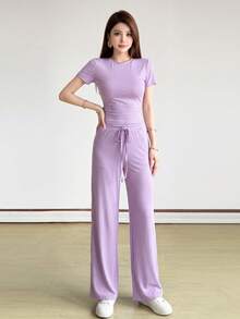 Top Dazzle Chic 女款兩件套，圓領抽繩長褲 T-shirt 套裝，適合春夏休閒穿著 - 紫色 - 查看 1
