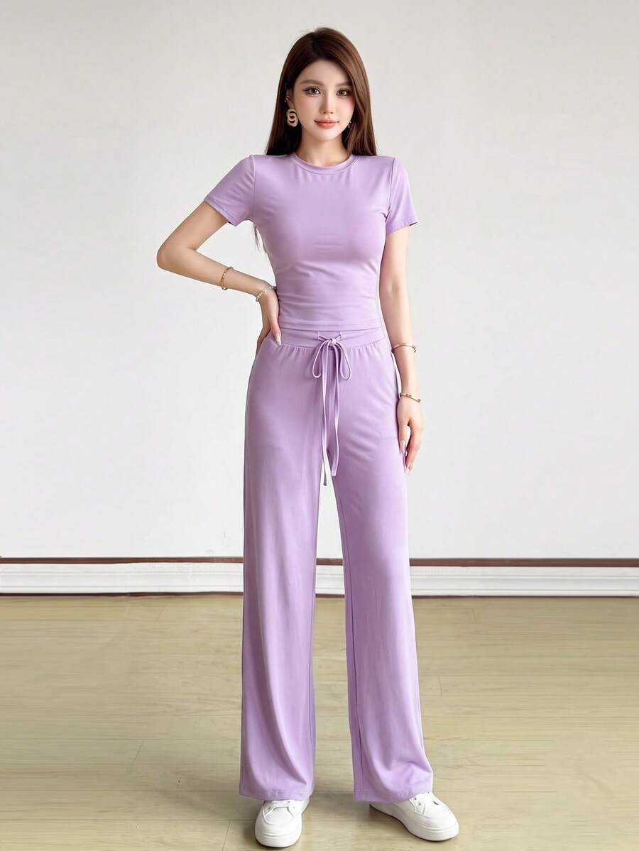 Top Dazzle Chic 女款兩件套，圓領抽繩長褲 T-shirt 套裝，適合春夏休閒穿著 - 紫色 - 查看 1