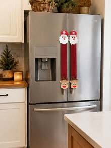 2pcs Christmas Refrigerator Door Handle Covers, Santa Claus & Reindeer Decorative Handle Protectors, Red Linen Kitchen Oven Microwave Fridge Handle Decor, Winter Holiday Home Decoration - Multicolor - View 6