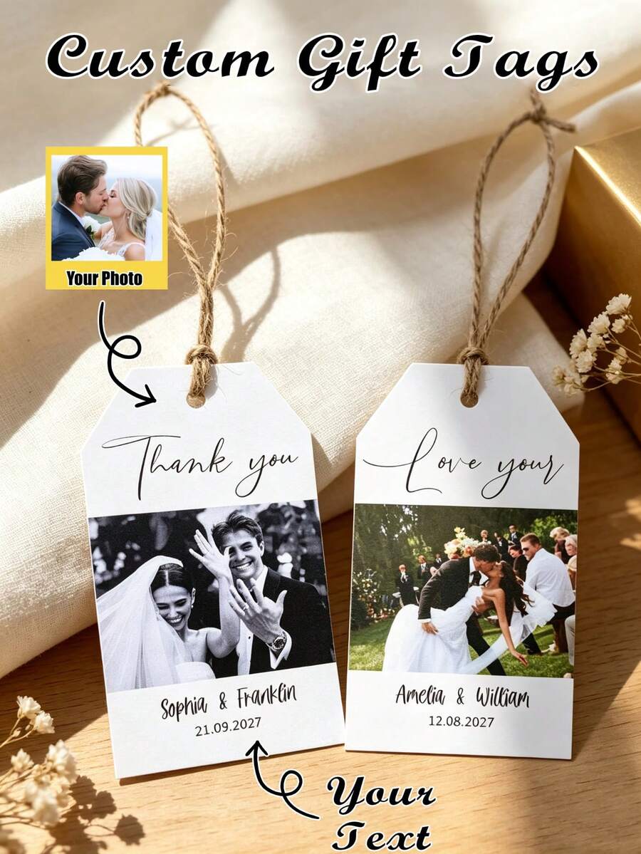 Customizable Photo Gift Tags With Jute Twine, Suitable For Wedding Favors, Bridal Shower, Anniversary, Party Decor And Holiday Gift Wrapping - Multicolor - View 1