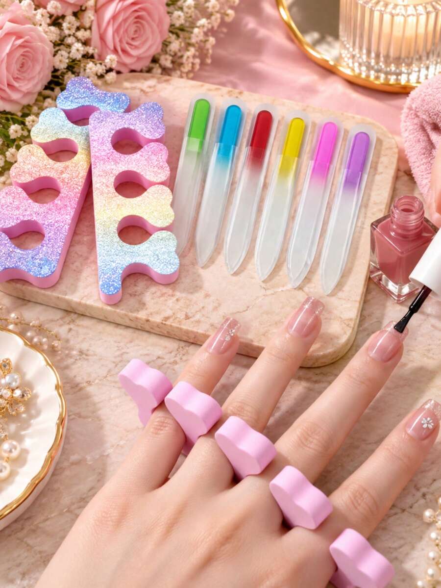 6pcs Glass Nail File Set, Random Color, Gradient Crystal Nail File Set, Suitable For Fingernails And Toenails, Reusable Manicure And Pedicure Tools, Ideal For Home, Salon And Travel